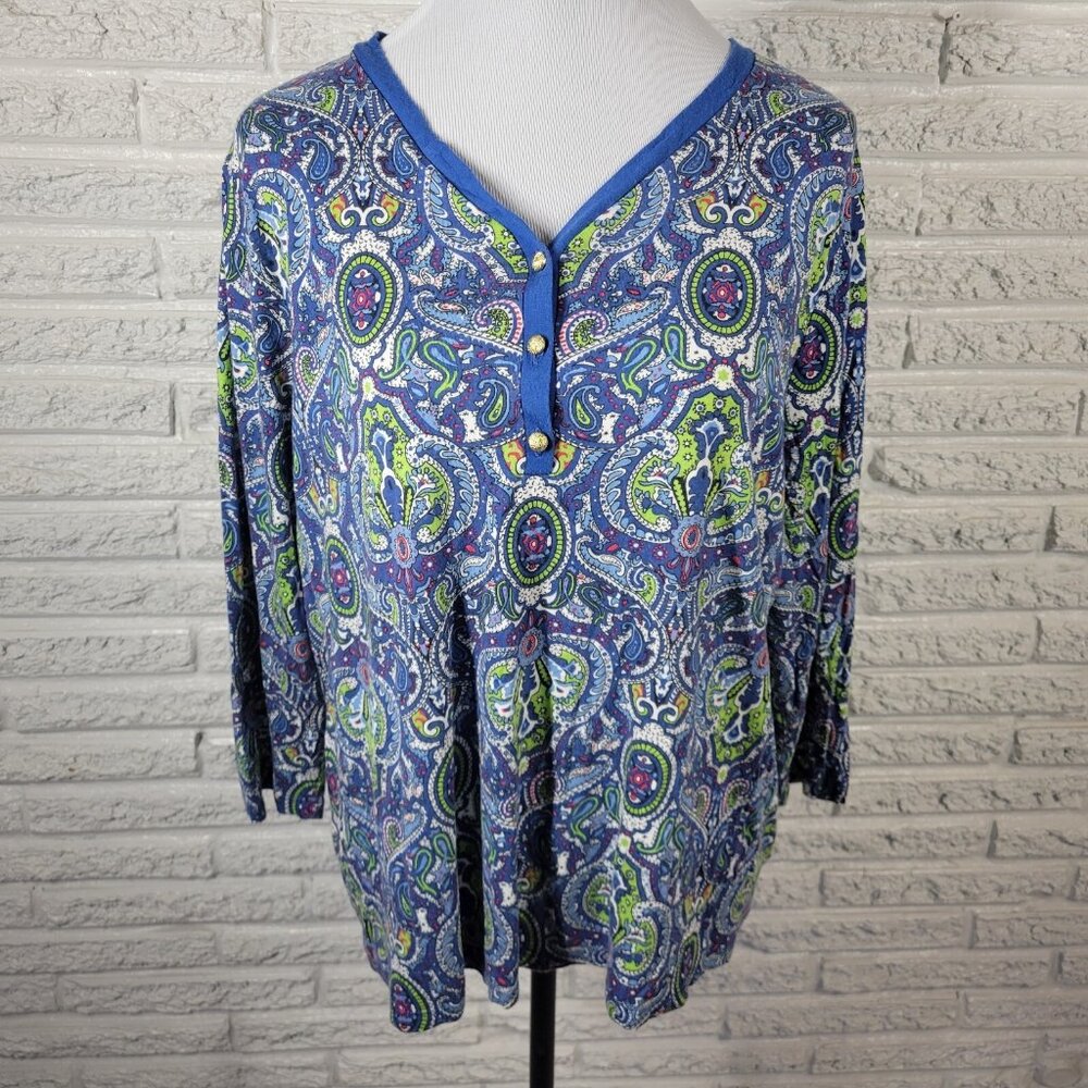 Talbots Womens Top 2X Plus 3/4 Sleeve Blue Green Paisley Comfy PAI58XE